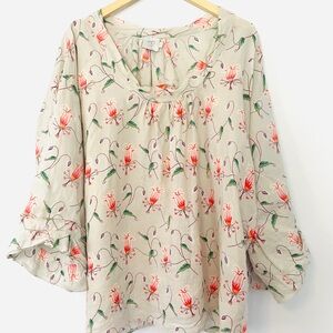 HD in Paris Beige Anthropologie Blouse with Coral Floral Print